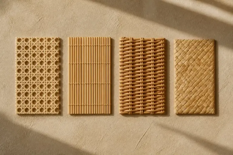 Cztery włókna naturalne obok siebie: rattan, bambus, wiklina i słoma
