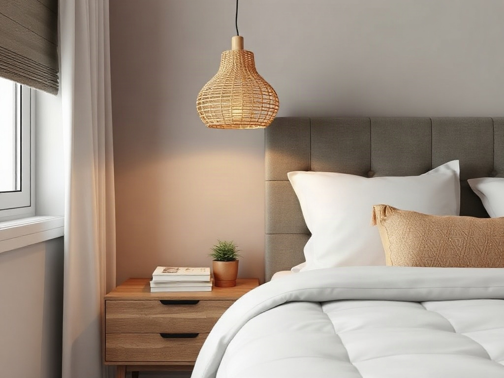 Lampa rattanowa zawieszona obok łóżka w sypialni, oświetlająca stolik nocny