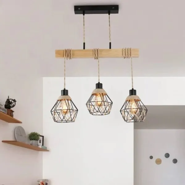 Lampa wisząca LED z drewna i sznurka konopnego