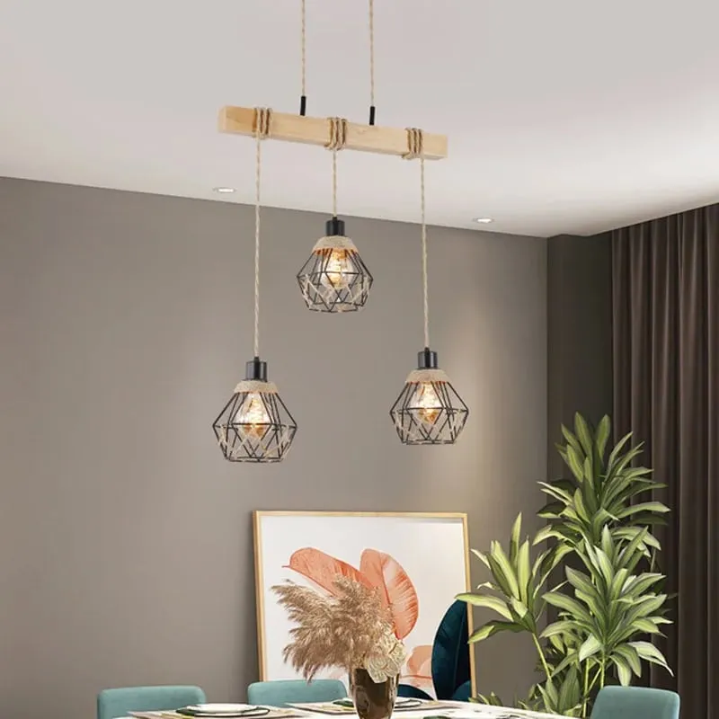 Lampa wisząca LED z drewna i sznurka konopnego