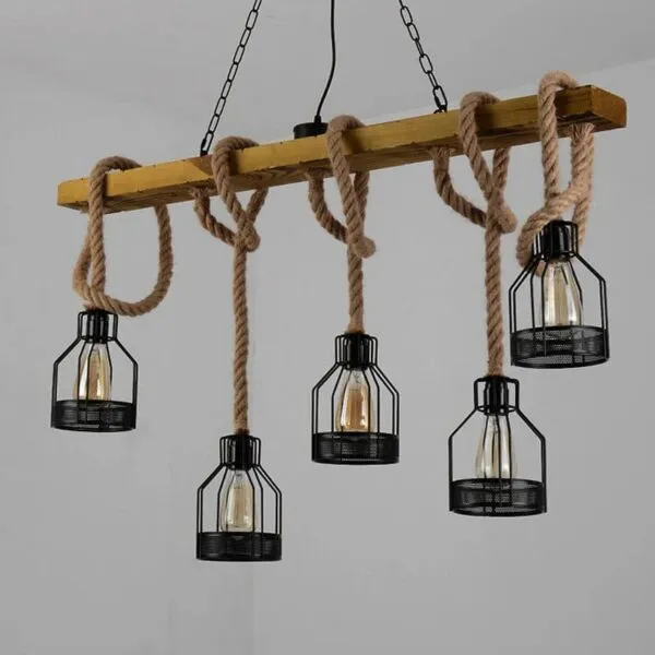 Lampa wisząca LED z drewna i sznurka w stylu industrialnym Lampa wisząca LED z drewna i sznurka w stylu industrialnym