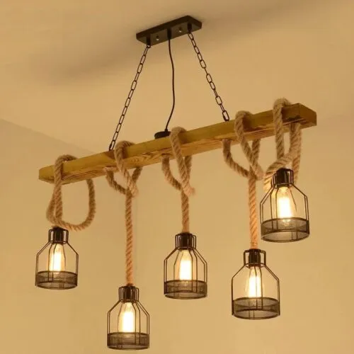 Lampa wisząca LED z drewna i sznurka w stylu industrialnym