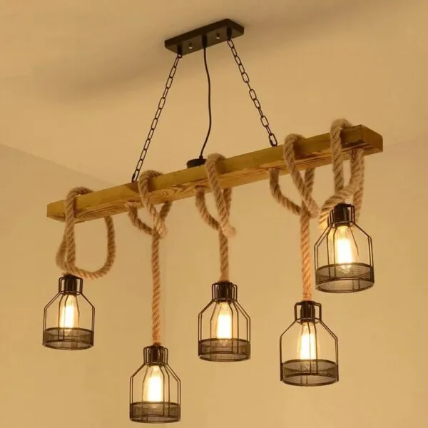 Lampa wisząca LED z drewna i sznurka w stylu industrialnym Lampa wisząca LED z drewna i sznurka w stylu industrialnym