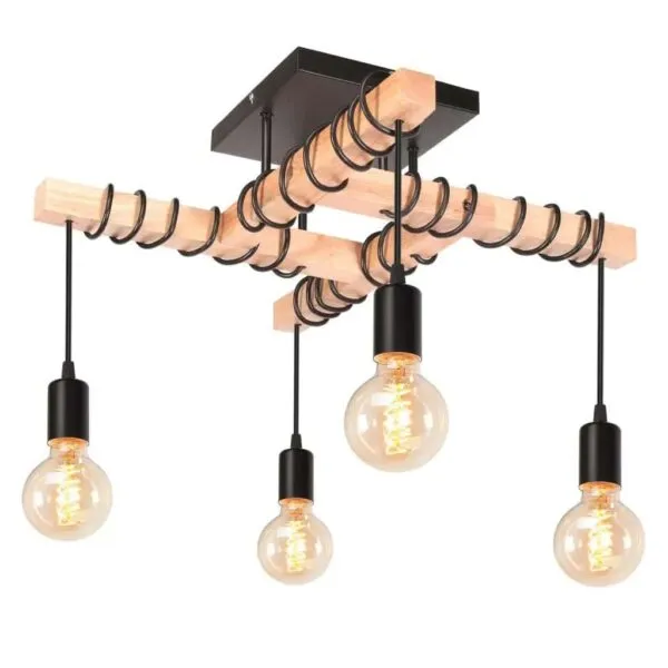 Lampa wisząca LED z drewna, styl industrialny, 4 źródła światła