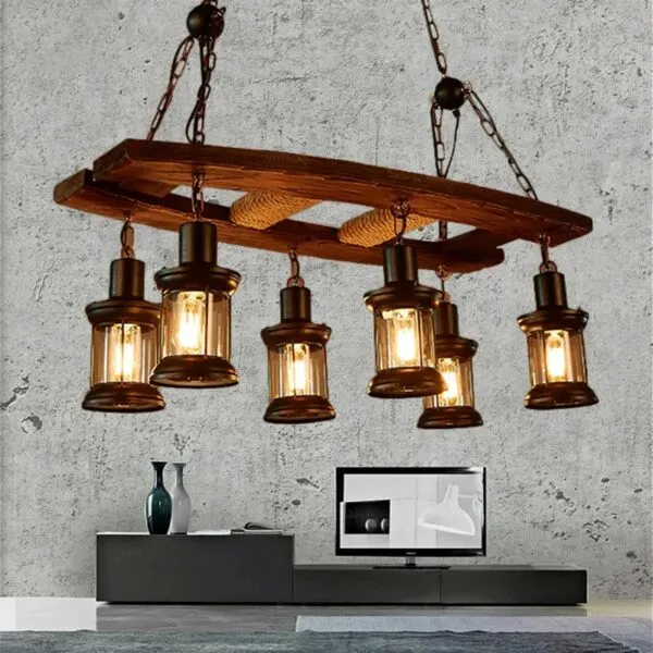 Lampa wisząca z drewna dryfowego z sześcioma lampionami LED
