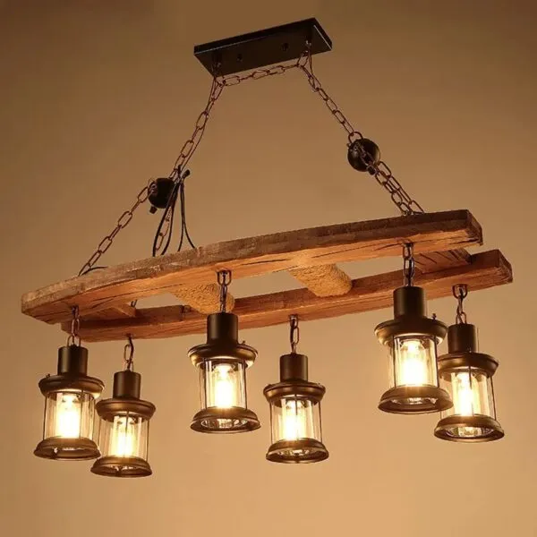 Lampa wisząca z drewna dryfowego z sześcioma lampionami LED