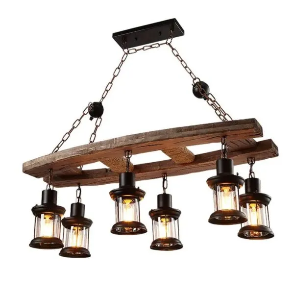 Lampa wisząca z drewna dryfowego z sześcioma lampionami LED