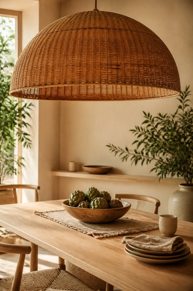 Lampa wisząca z rattanu nad stołem jadalnym