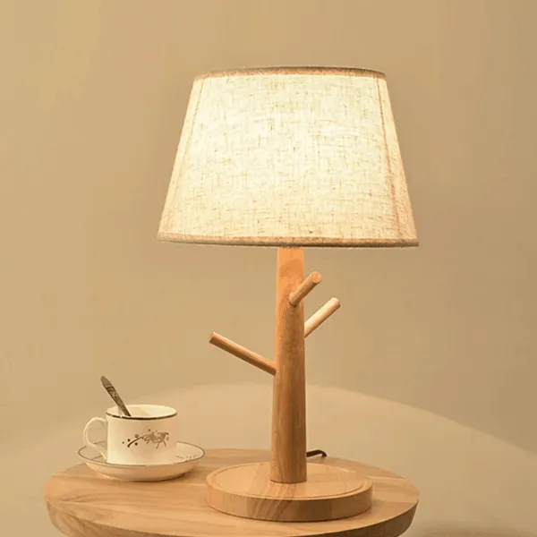 Lampka nocna drewniana LED z kloszem materiałowym