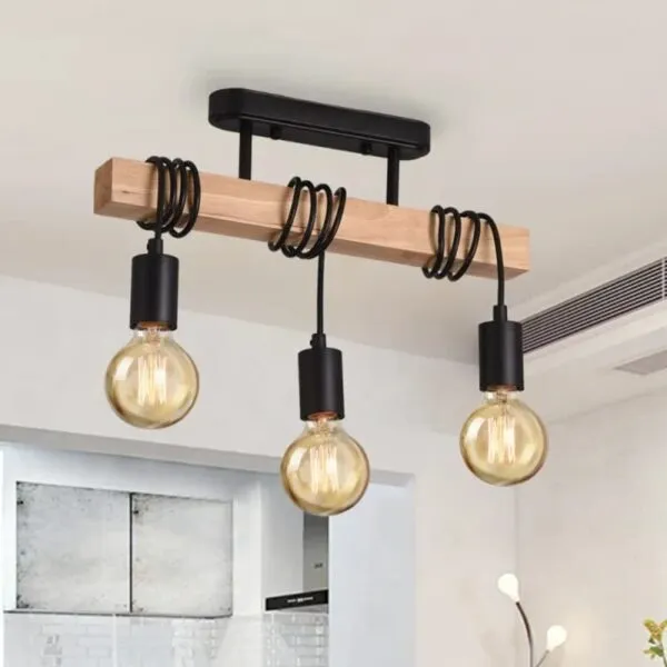 Wisząca lampa sufitowa z drewna w stylu retro, trzy klosze
